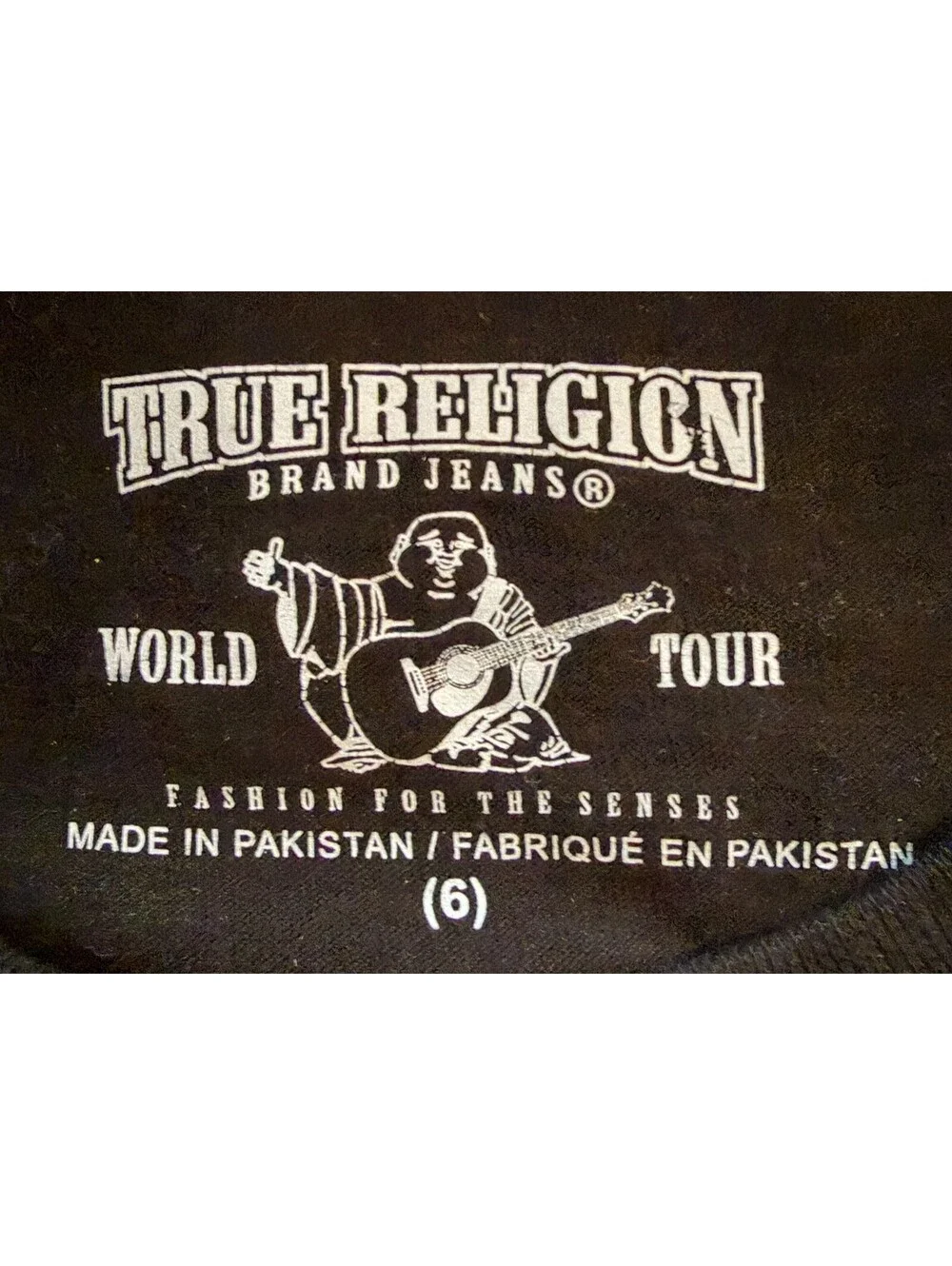 True Religion World Tour Buddha Guitar Logo Black T-Shirt Kids Size 6 EUC